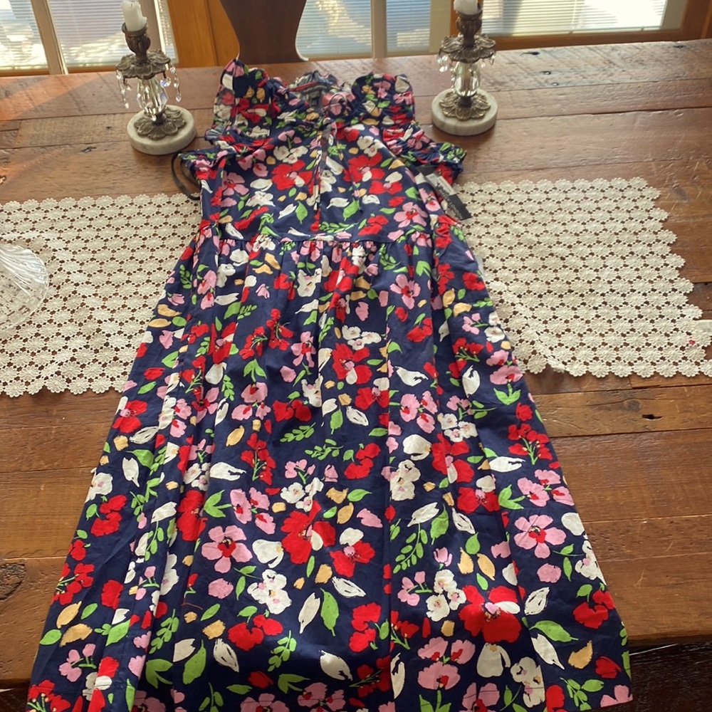 Maggy London Navy Floral Midi Dress - Red, Pink, White, Green